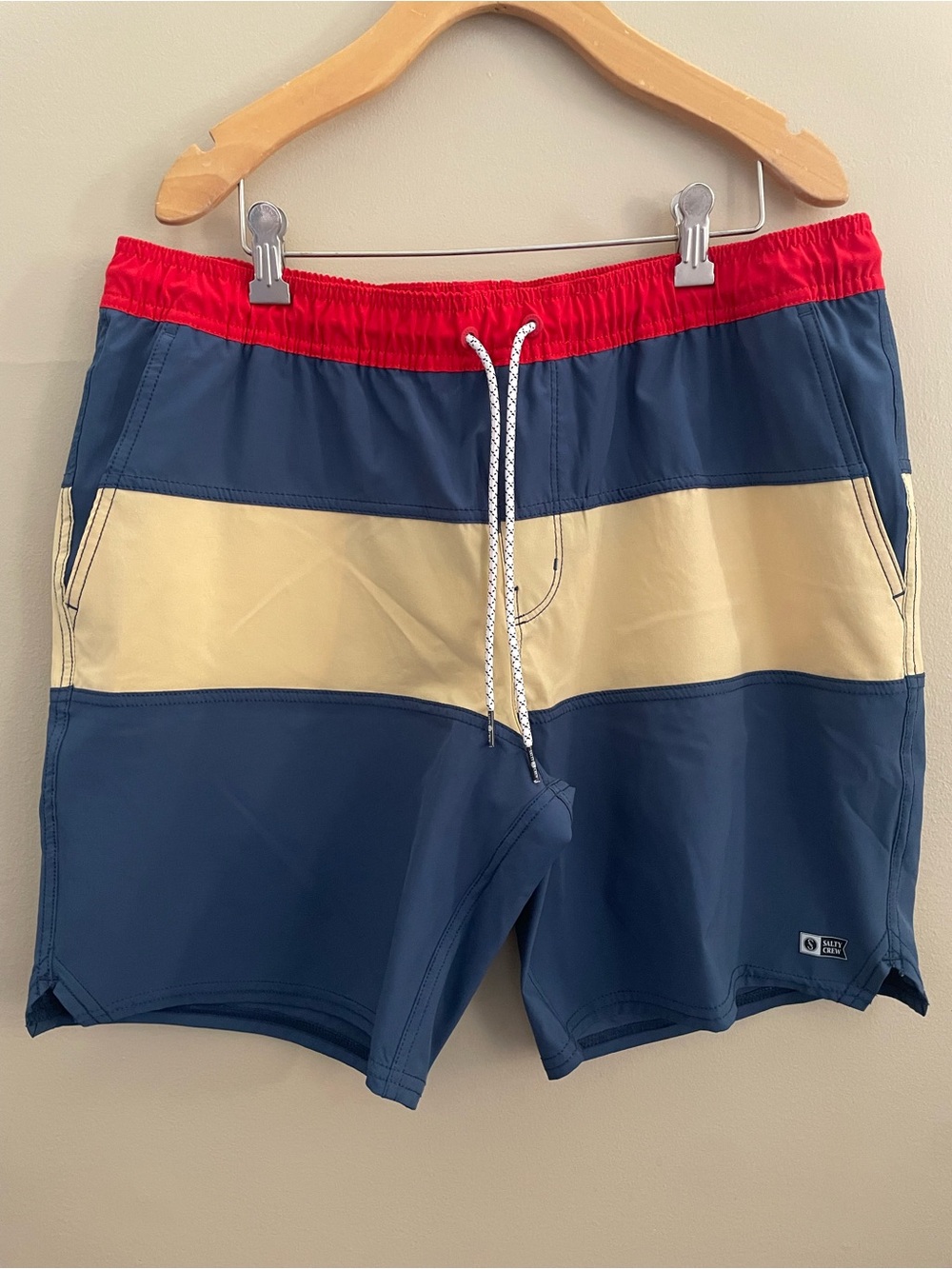 Salty Crew Beacons Elastic Boardshorts Navy Cream Red Swim Trunks Size L
